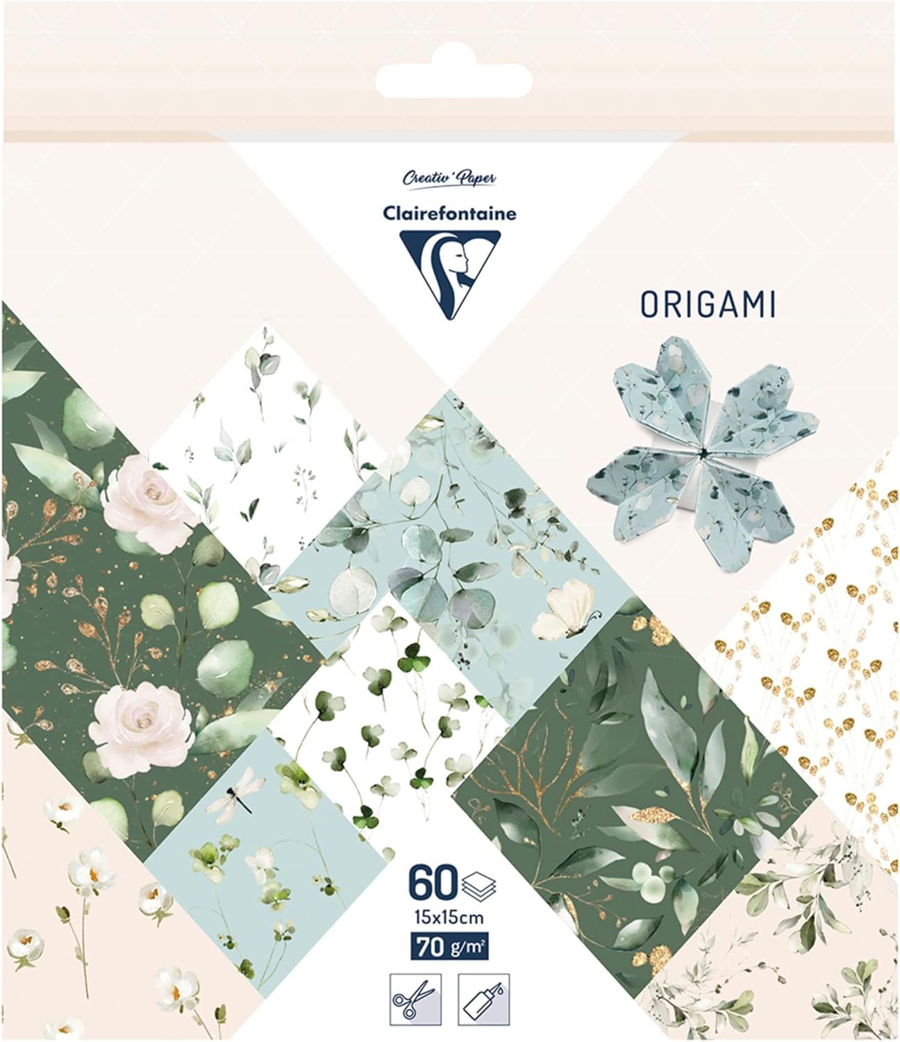 Clairefontaine 95381C 60 Sheets Origami Paper Case Romantic Collection 70gsm Format 15x15cm 30 Ast Coloured Designs 2 per Design Creative for Adults & Children