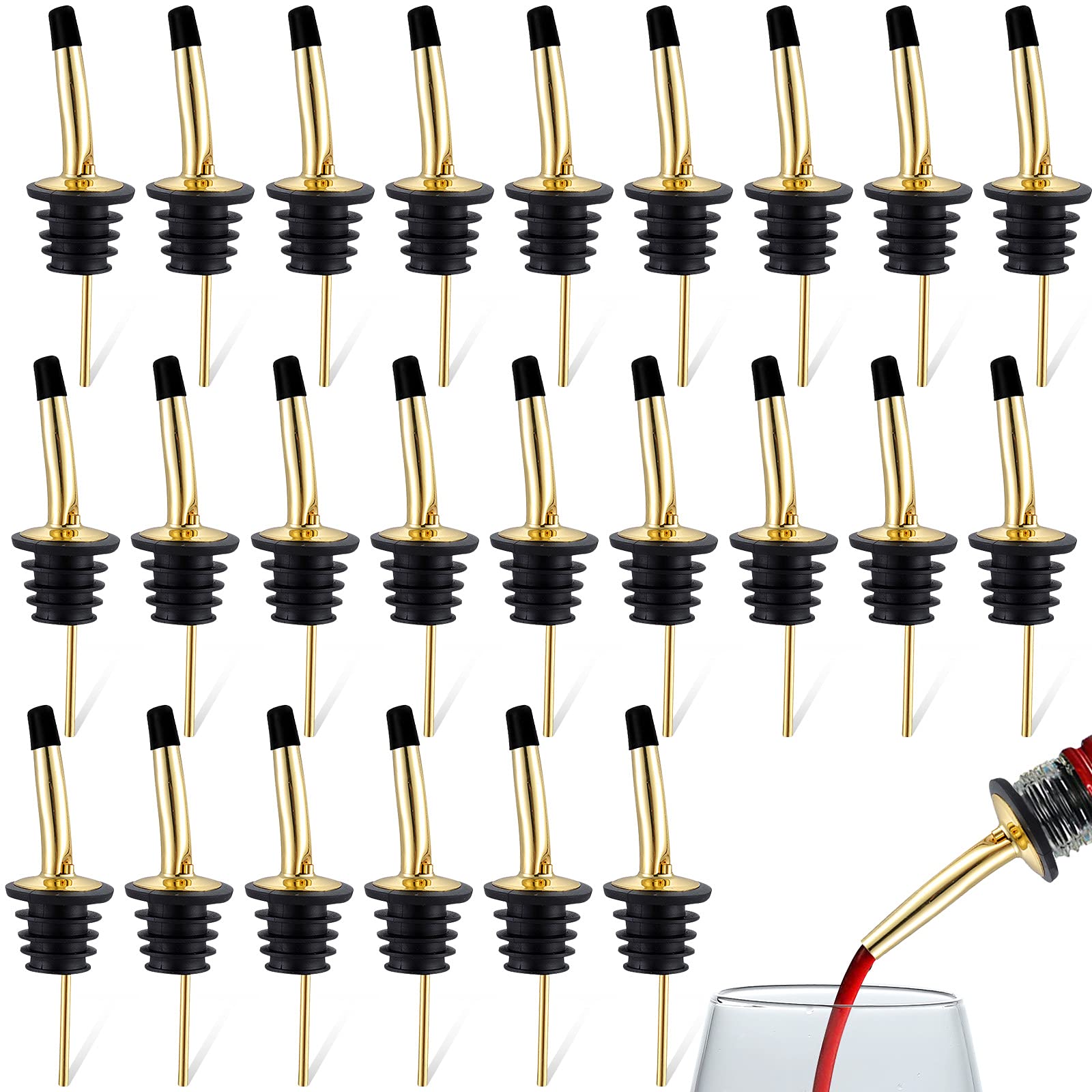 Bottle Pourers for Spirits Set of 24 Stainless Steel Freeflow Liquor Pourer Classic Drinks Wine Tapered Spout Stopper Speed Metal Alcohol Pouring Tube Set for Bars Restaurants Home (Gold)