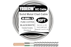 YDDECW 50ft 10/2 Metal Clad (MC) Cable with Ground, 10 Gauge Electric Wire with Aluminum Armor, Solid Bare Copper Conductors for Indoor Outdoor Underground Embedded Installation (10/2, 50 ft)