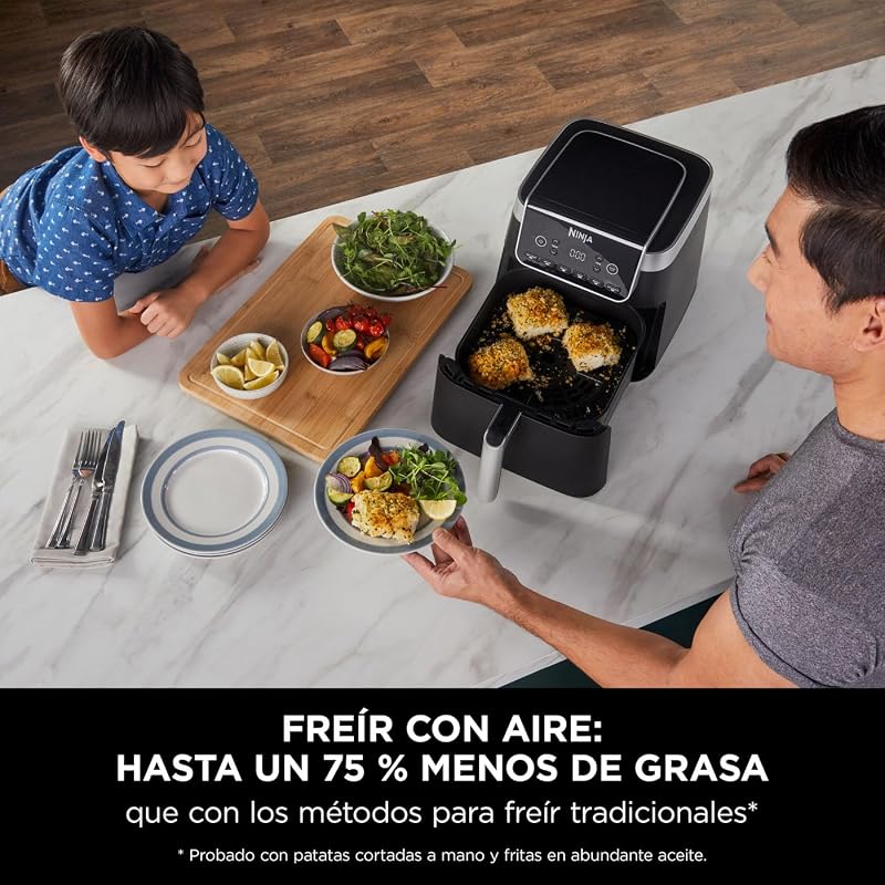 Fritadeira de ar ninja max pro, 6,2l, 6 em 1, sem óleo, fritar, assar, assar, reaquecer, desidratar, tamanho família, digital, cesta antiaderente própria para máquina de lavar louça, cinza, af180eu