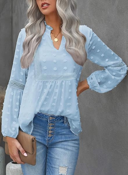 GRACEINES WOMENS ELEGANT CHIFFON V NECK BLOUSE LONG SLEEVE CASUAL POM POM SHIRT SWISS DOT TUNIC TOPS A-BLUE