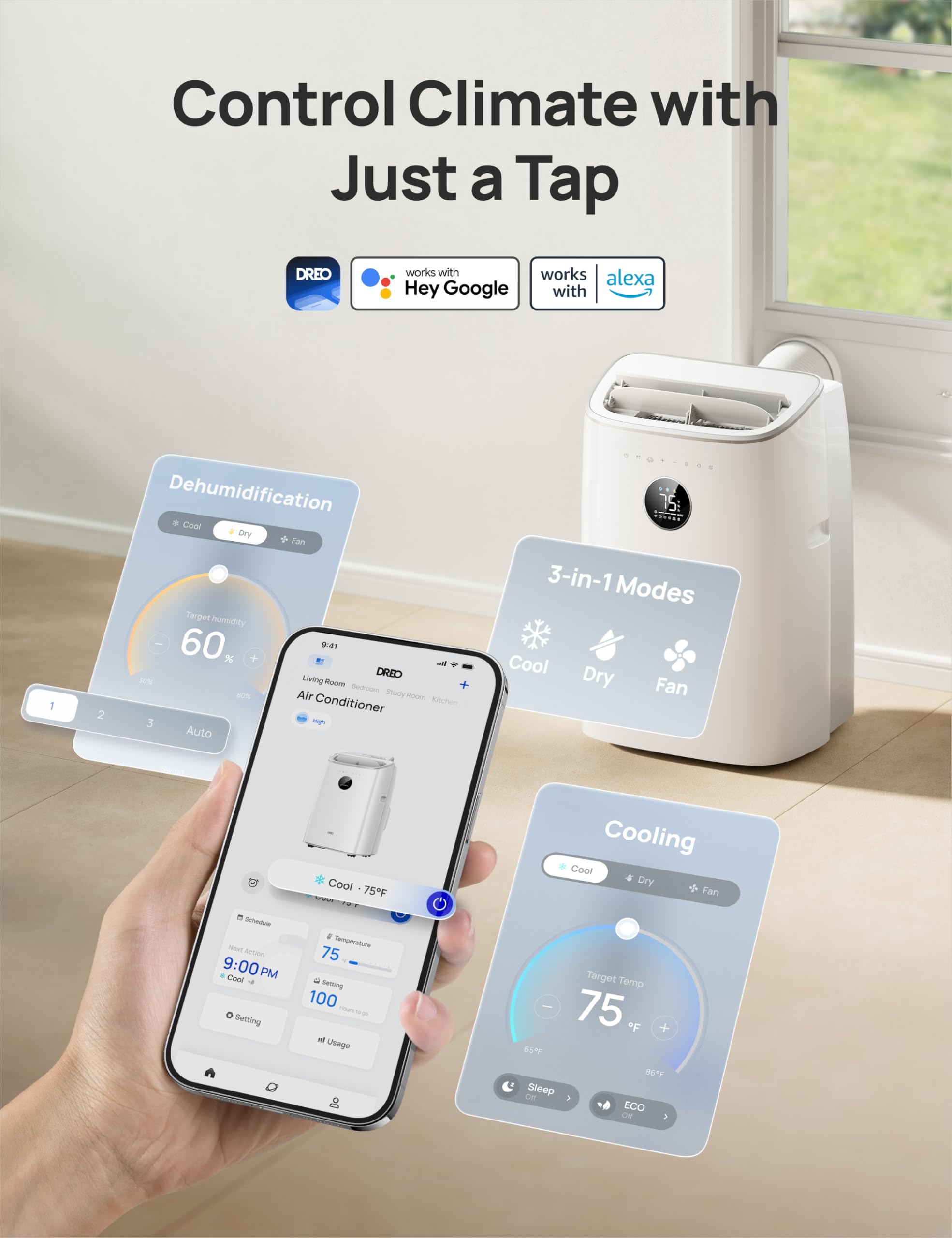 Dreo Portable Air Conditioners, 10,000 BTU ASHRAE (6000 BTU SACC) Smart AC Unit for Bedroom with Dehumidifier, Drainage-free Cooling, 45dB Quiet, APP/Voice/Remote, Standing AC for Room Indoors, AC319S