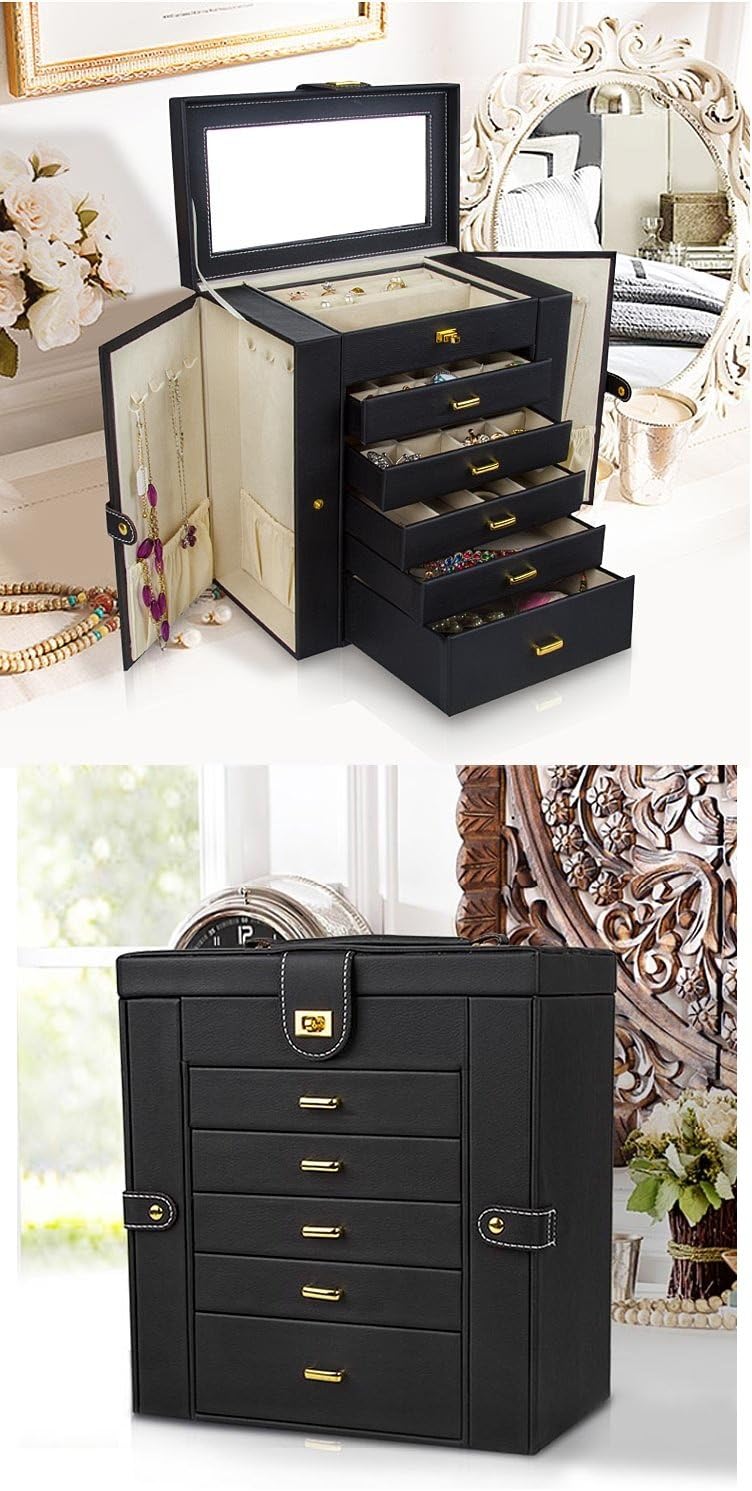 Kendal Huge Leather Jewelry Box / Case / Storage LJC-SHD5BK (black): Home & Kitchen