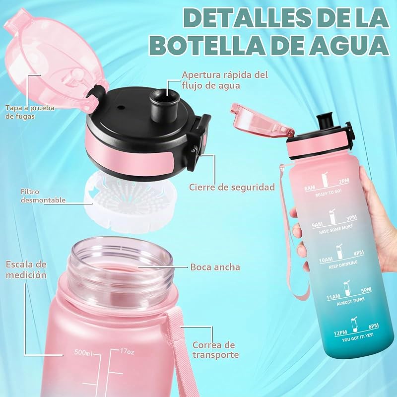 Garrafa de água de 1 litro, garrafa de água de ginásio com filtro, cantil infantil reutilizável, carimbo de hora, cantil com carimbo de hora, para escola, escritório, desporto, desporto, ginásio, escritório