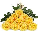 DuHouse 10Pcs Artificial Roses Silk Flowers Realistic Bridal Bouquets Yellow