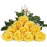 DuHouse 10pcs Fake Roses Artificial Silk Flowers Faux Rose Flower Long Stems Bouquet for Arrangement Wedding Centerpiece Party Home Kitchen Decor(Pure Yellow)