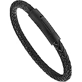 LUXAR Men’s Genuine Leather Bracelet | Interwoven Black Leather Bracelets with Brush Stainless Steel Clasp | Minimalist, Designer Jewelry for Men (Black Round, Medium)