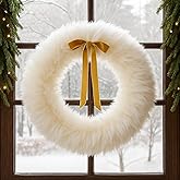 Suncalla Christmas Wreath for Front Door White Faux Fur Wreath with Bow 14 Inch Furry Decor for Outdoor Indoor Christmas Door Window Hanger Xmas Holiday Party Supplies