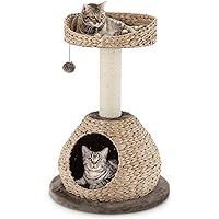 Tangkula Modern Cat Tree, Small Cat Tower with Natural Sisal Scratching Post, Hand-Made Wicker Cat Condo & Top Perch, Funny H
