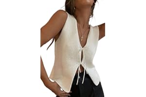 MIEEYALI Women Y2k Crochet Vest Top Vintage Solid Color V Neck Sleeveless Front Tie Tops Going Out Tops