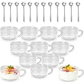 UCEHIPAW 12 Pcs Vintage Coffee Mugs with Handle 14 oz Stackable Glass Water Cups Clear Embossed Tea Cups for Yogurt Dessert Cappuccino Latte