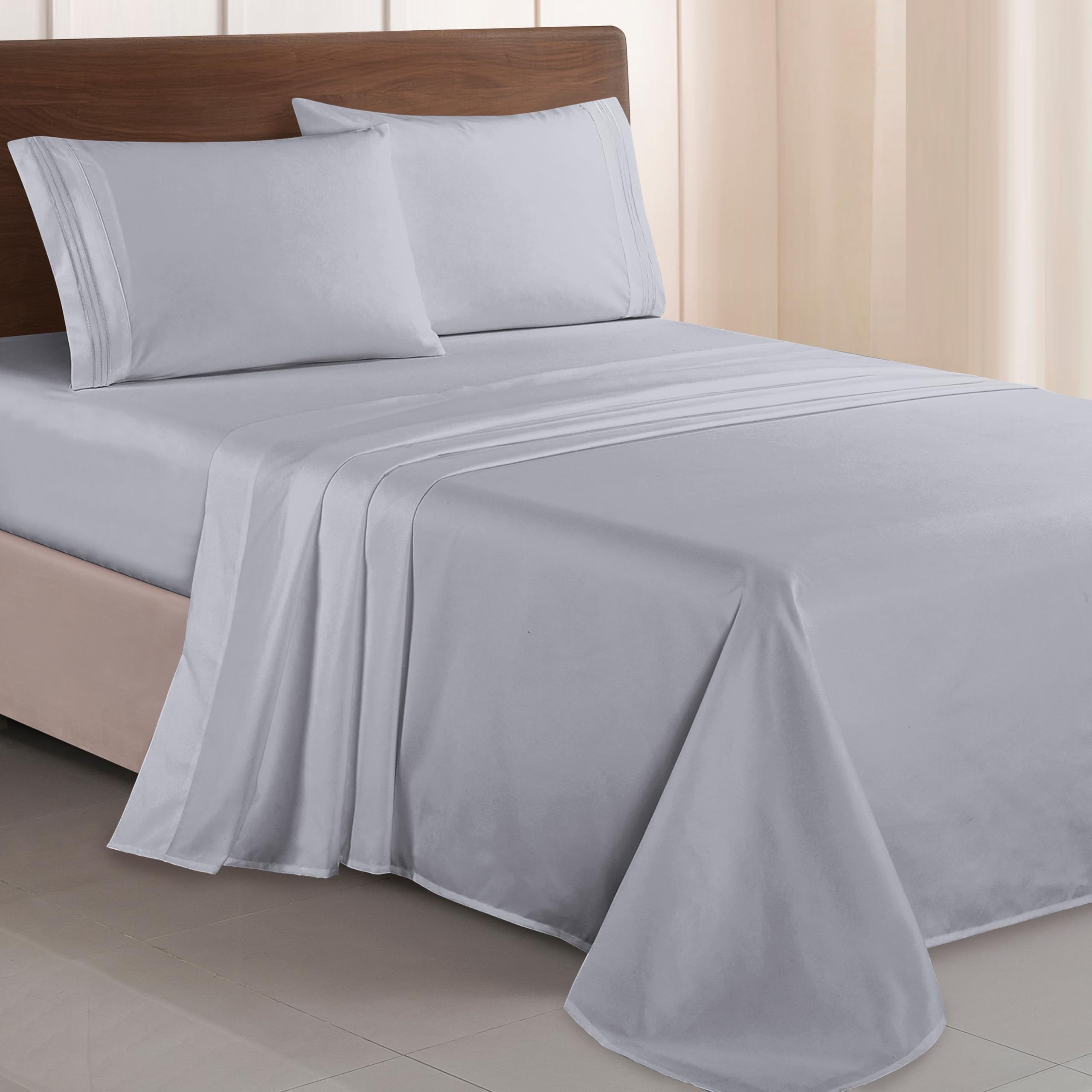 Elegant Comfort Luxurious 1500 Thread Count Egyptian Quality Three Line Embroidered Softest Premium Hotel Quality 4-Piece Bed Sheet Set, Wrinkle and Fade Resistant, Queen, Silver-Light Grey