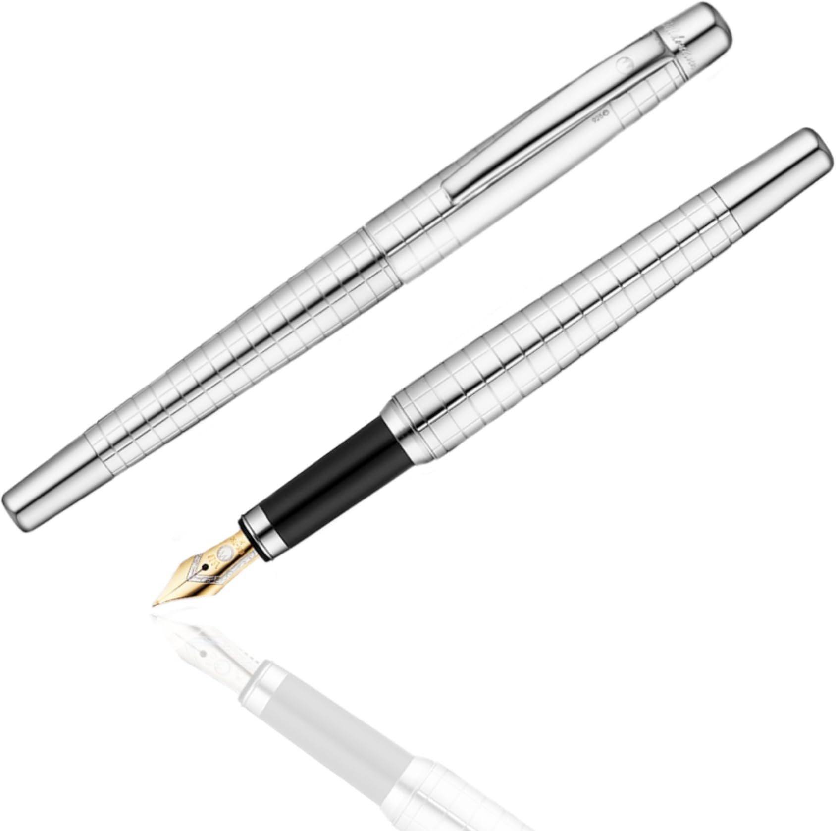 Waldmann Concorde 925 Sterling Silver Fountain Pen - Square Pattern - 18ct Gold Nib Fine - Full UK Assay Office Hallmarked.