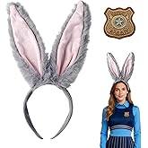 Gray Bunny Rabbit Ears Headband and Badge Costume Accessories Set for Women Easter Halloween Cosplay Party Holiday
