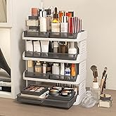 GonGieie 4-Tier Stackable Makeup Organizer with Drawers, Multi-Purpose Countertop Storage Caddy for Cosmetics, Skincare, Office Supplies- Space-Saving Vanity Organizer for Bathroom, Dorm, Home Office