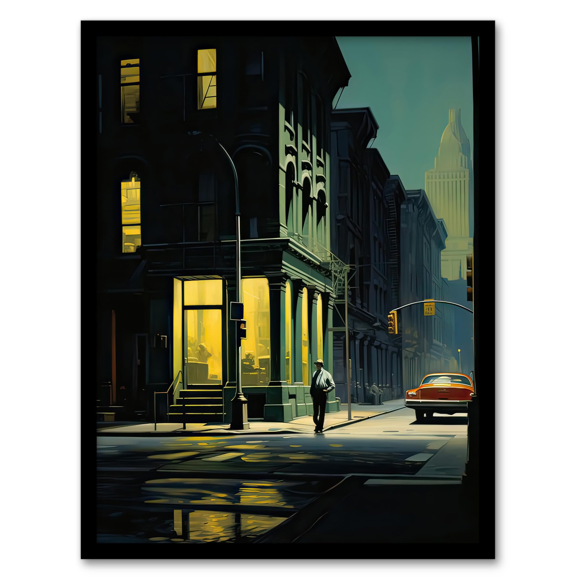 Artery8 New York at Dawn Edward Hopper Style Oil Painting Yellow Green Blue Man Walking in Empty City Street Artwork Framed Wall Art Print A4
