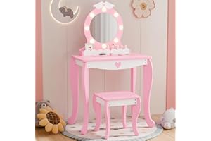 MU Kids Vanity Set with Lighted Mirror and Stool, Kids Make Up Vanity Desk with Storage Space, Wing Pattern for Little Girls, Toddler Princess Makeup Dressing Table with Chair Set, Pink