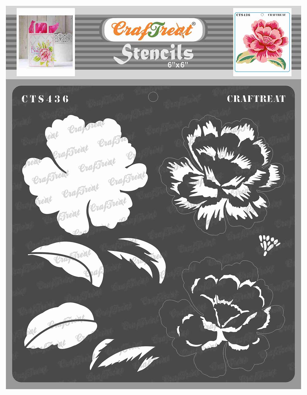 CrafTreat Reusable Layered Flower Stencils for Painting on Wood, Wall, Canvas, Paper, Fabric and Floor - Layered Peony Bloom Stencil - 6x6 Inch - DIY Art and Craft Stencils - Layered Flower Stencil