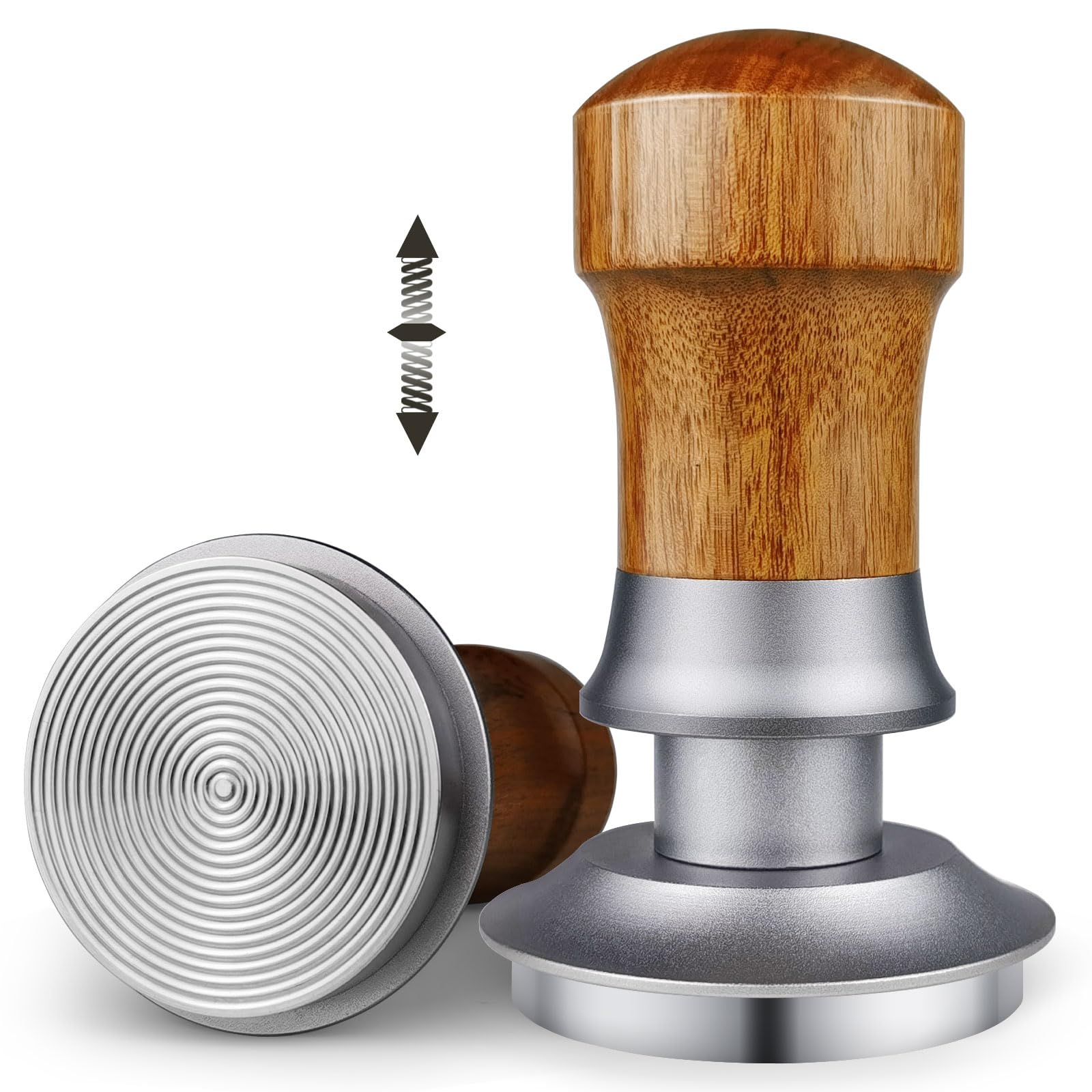 ceelatti 58mm Tamper, Spring Loaded Coffee Tamper 58mm, 30lbs Constant Pressure Calibrated Espresso Tamper for Portafilter 58mm, Wood Handle, Stainless Steel Ripple Base, Silver
