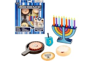 Rite Lite My Mini Wood Menorah Deluxe Set with Removable Wood Candles with Jelly Doughnut, Dreidel, Pan, Latke, Gelt Coin Decor Hanukkah Gifts Decorations Centerpiece Jewish Holiday Party Favors