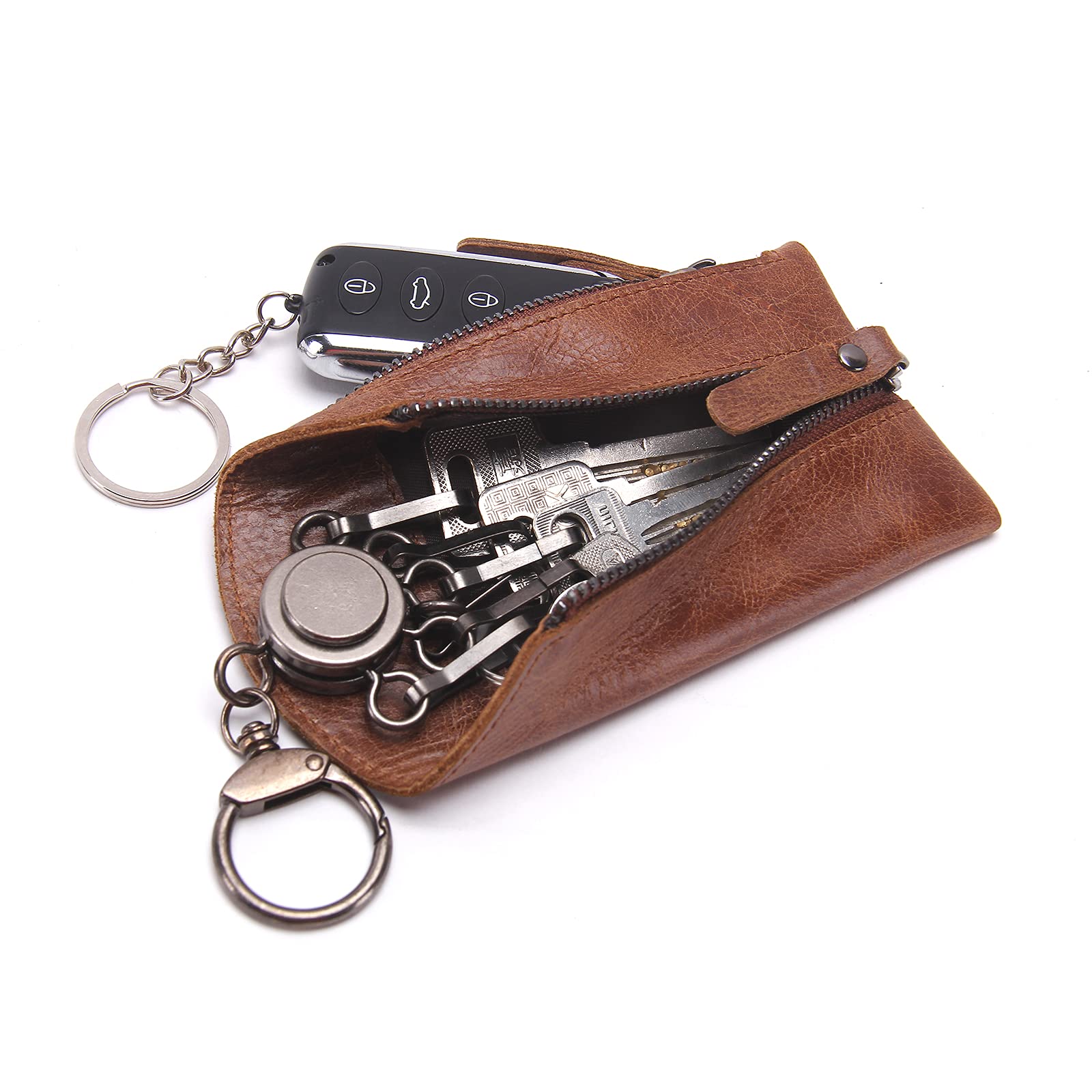 Contacts Key Case Genuine Leather Coin Purse, Brown, 12x7x1cm, Holds Car Key & Coins, Men's Gift