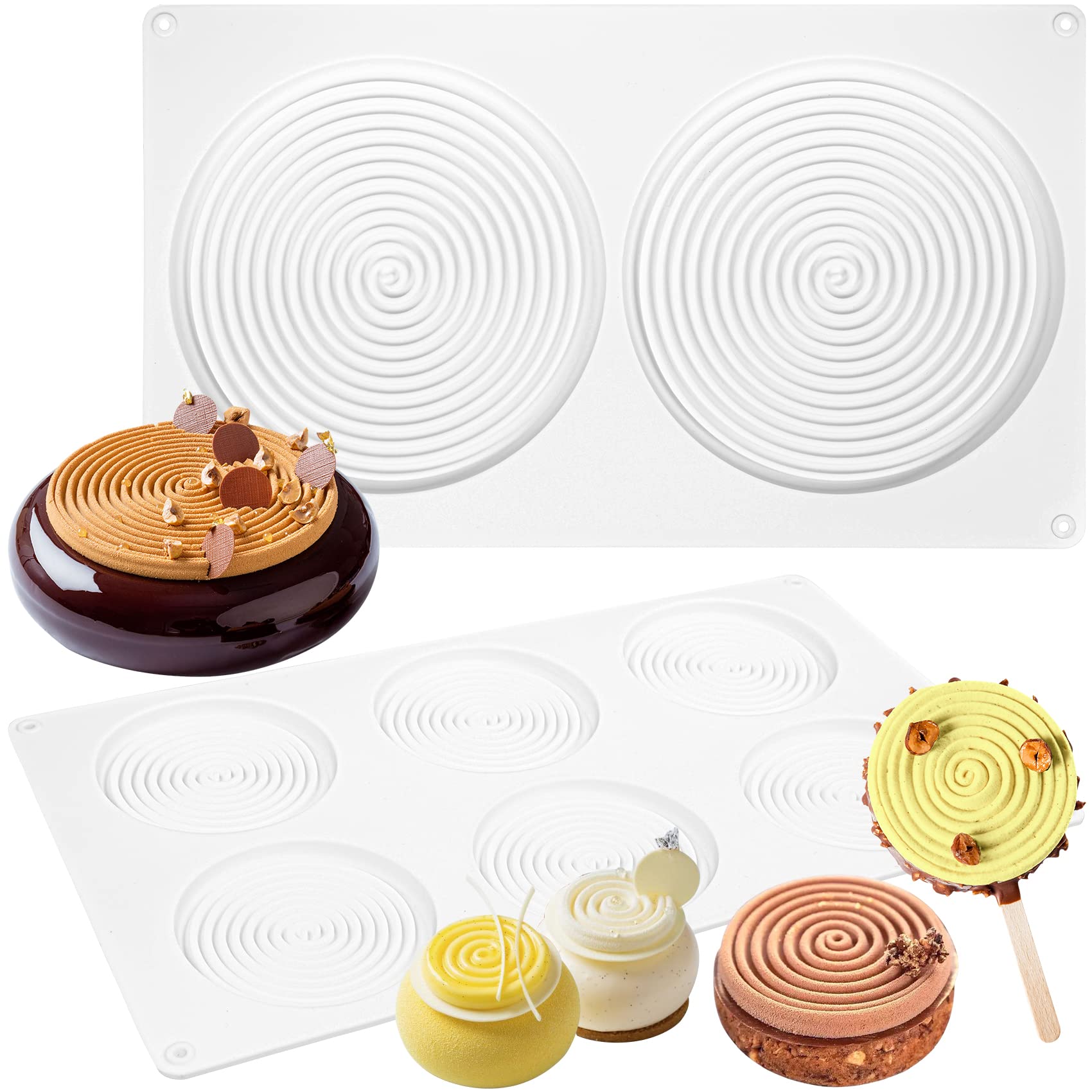 Round Cake Silicone Moulds Tourbillon Disc Shape Baking Pan Set of 2 for Cheese, Lollipop, Layer, Chocolate, Soap, Candles, Glaze, Cake Tins 5.5inch, 3inch, 8-Cavity