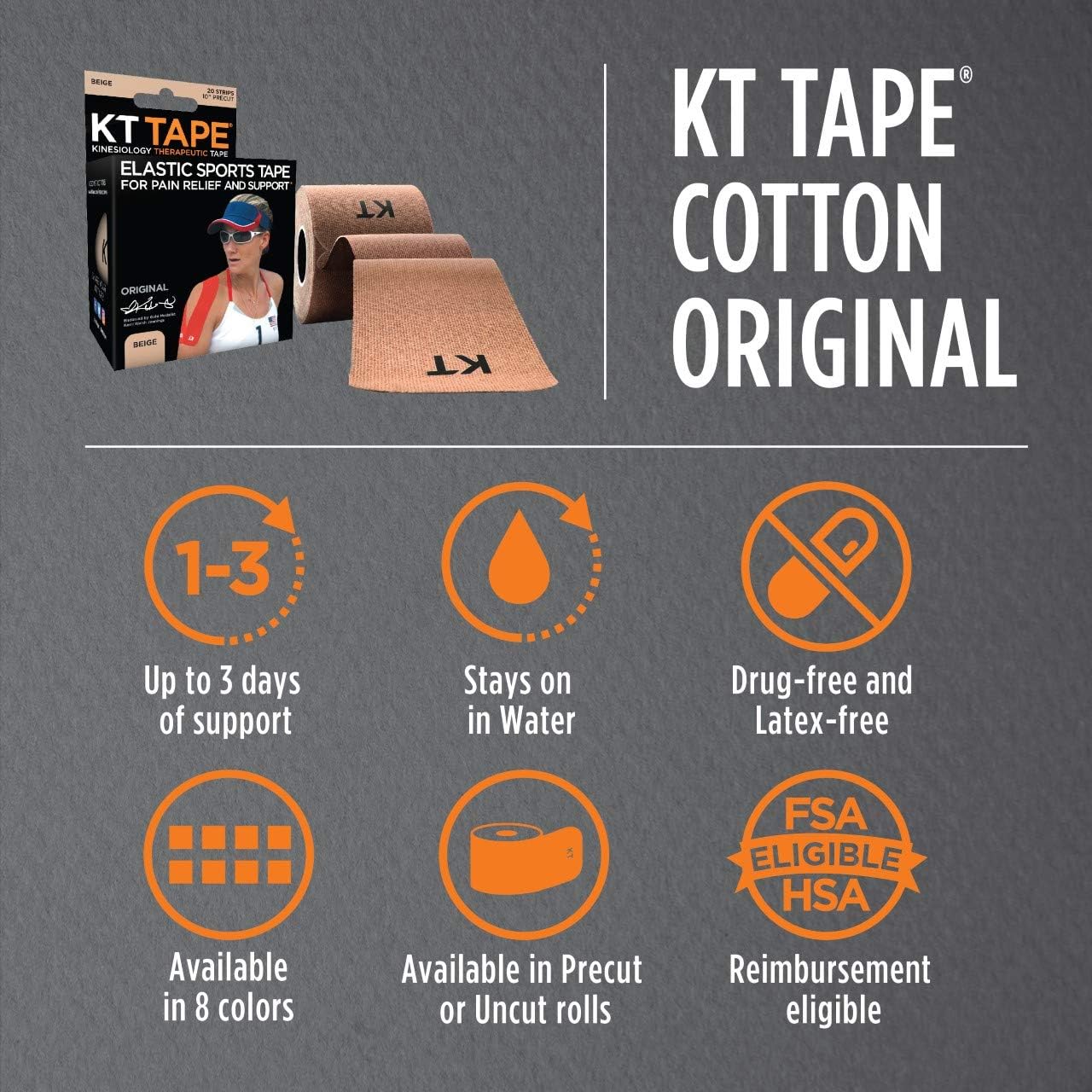 KT Tape Original Cotton Elastic Kinesiology Therapeutic Athletic Tape, 20 Precut 10 inch Strips, Black, Latex Free, Breathable, Pro & Olympic Choice (KTT-AW-Black): KT Tape: Sports & Outdoors