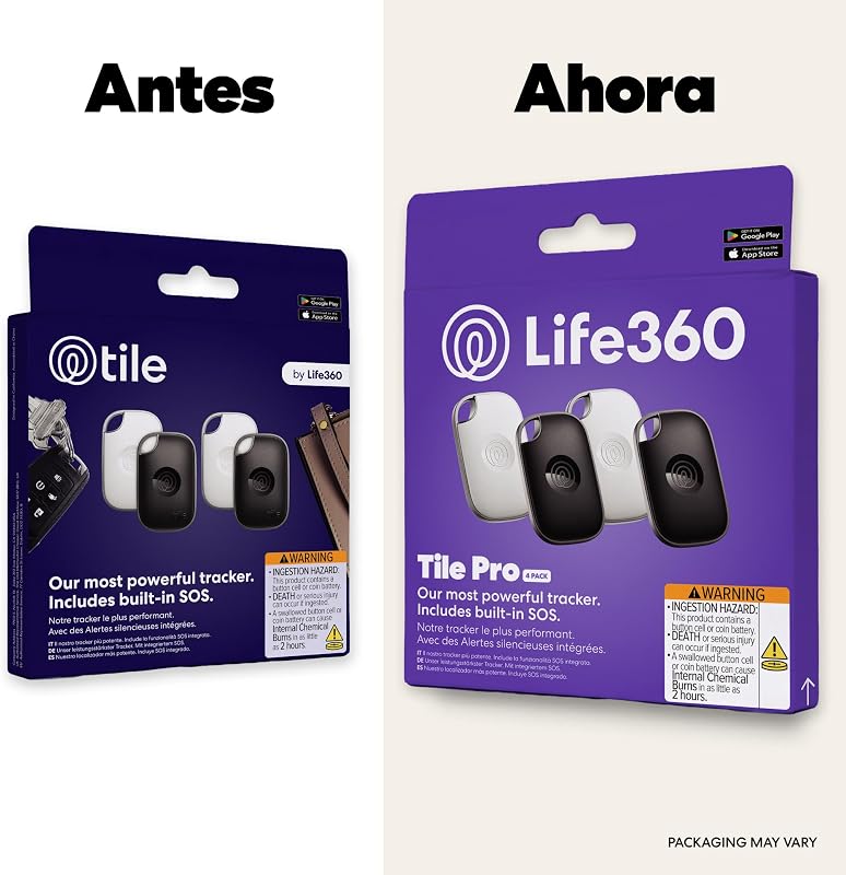 Tile Pro - Localizador Bluetooth potente, localizador de chaves e localizador de objetos para chaves, sacos e mais. Compatível com iOS e Android. Pack de 4 (Preto/Branco)