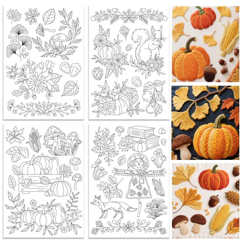 Photo 1 of ORIGACH 4 Sheets Large Autumn Water Soluble Embroidery Stabilizers, Pumpkin Leaves & Mushroom Stick and Stitch Embroidery Paper Hand Sewing Stabilizers for Embroidery Beginners