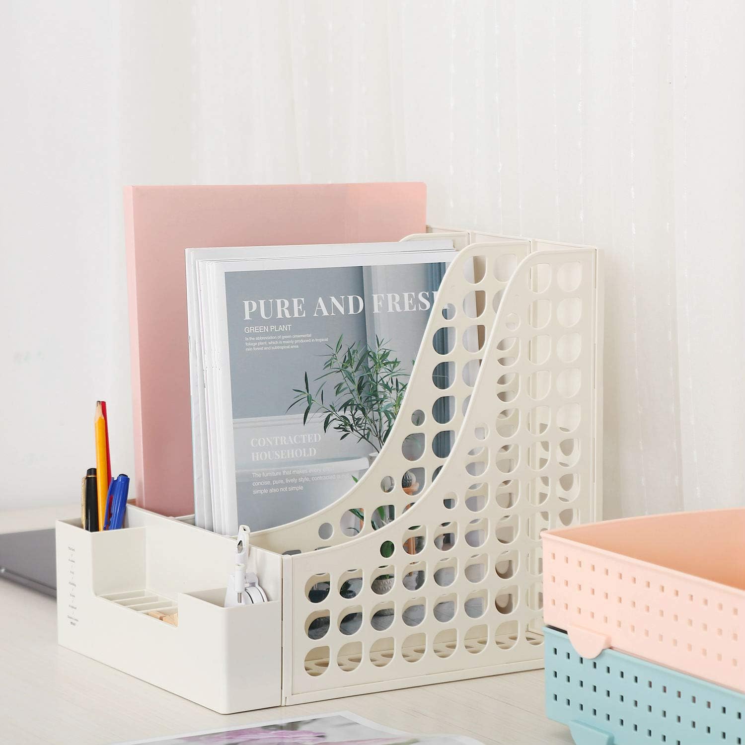Desktop File Organizer, Office Supplies Desk Accessories with Pencil Holder for Desk Organization and Paper Organizer-Document Organizer, File Folder-White: Home Improvement