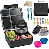 Bento Lunch Box with 9.5 oz Soup Thermo, Kids Leakproof 4 Compartments Bento Box with Silicone Cupcake,Fruit Fork,Spoon and Sauce Cup,Insulated Food Jar for School Travel-Black