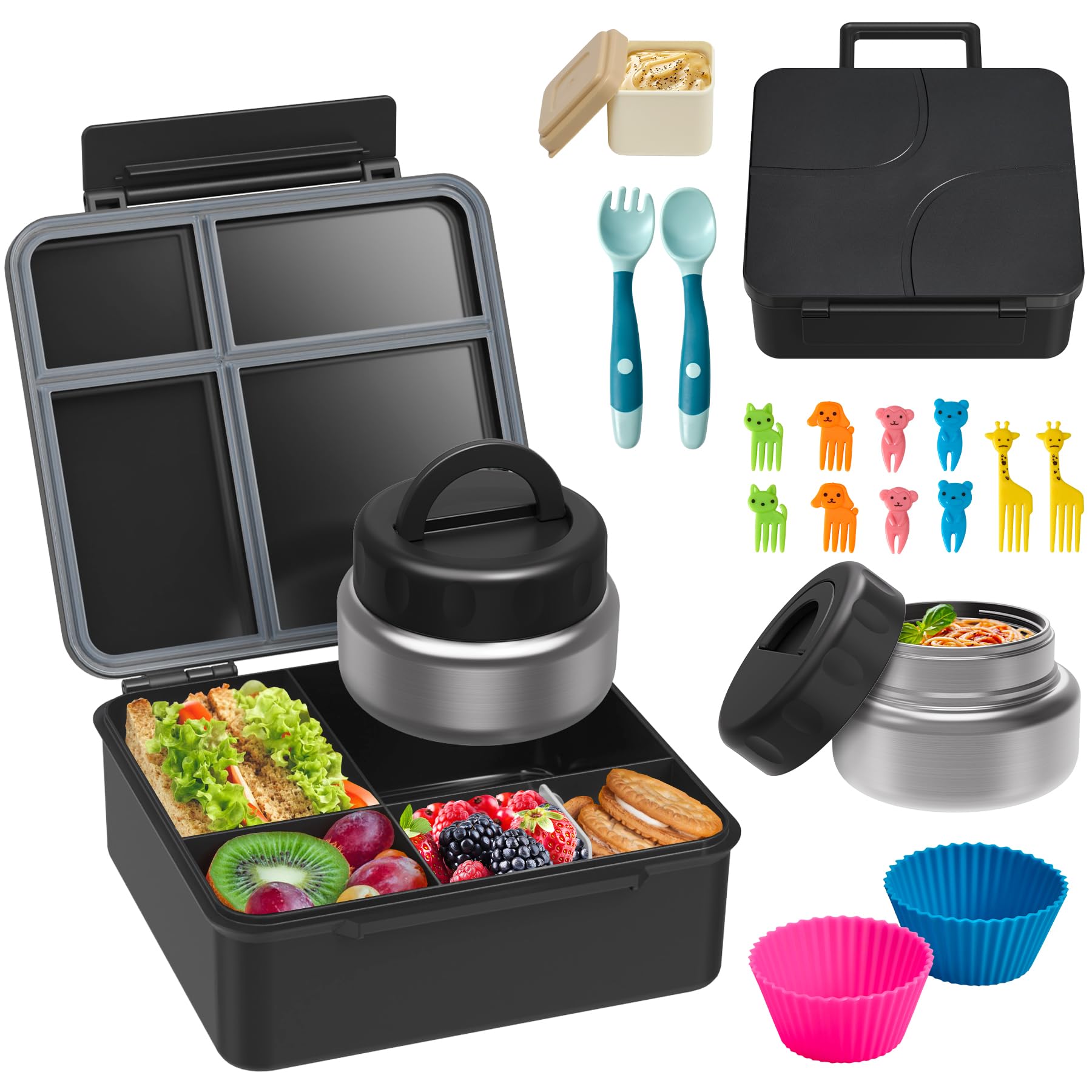 Photo 1 of Bento Lunch Box with 9.5 oz Soup Thermo, Kids Leakproof 4 Compartments Bento Box with Silicone Cupcake,Fruit Fork,Spoon and Sauce Cup,Insulated Food Jar for School Travel-Black