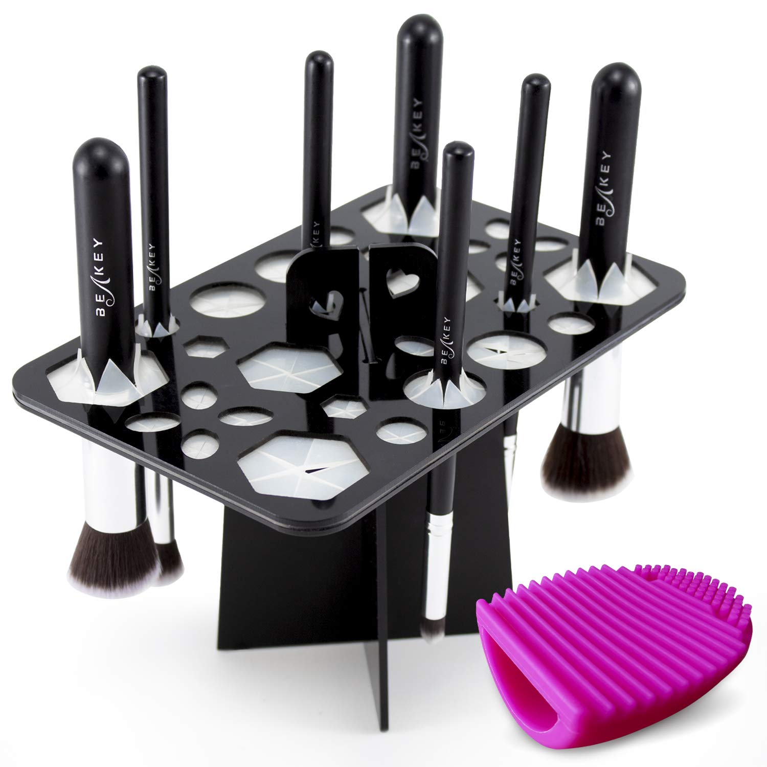 BEAKEY Makeup Brush Drying Rack & Makeup Brush Cleaner Egg, 28 Holes Makeup Brush Holder, Silicone Brush Cleaner - Black & Red: Beauty