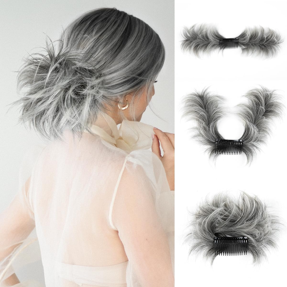 Photo 1 of YOUNGWAYS Messy Bun Hair Piece Side Comb Clip in Hair Bun Hairpiece for Women Short Natural Straight Versatile Adjustable Styles Easy Hair pieces (Salt Pepper-S)