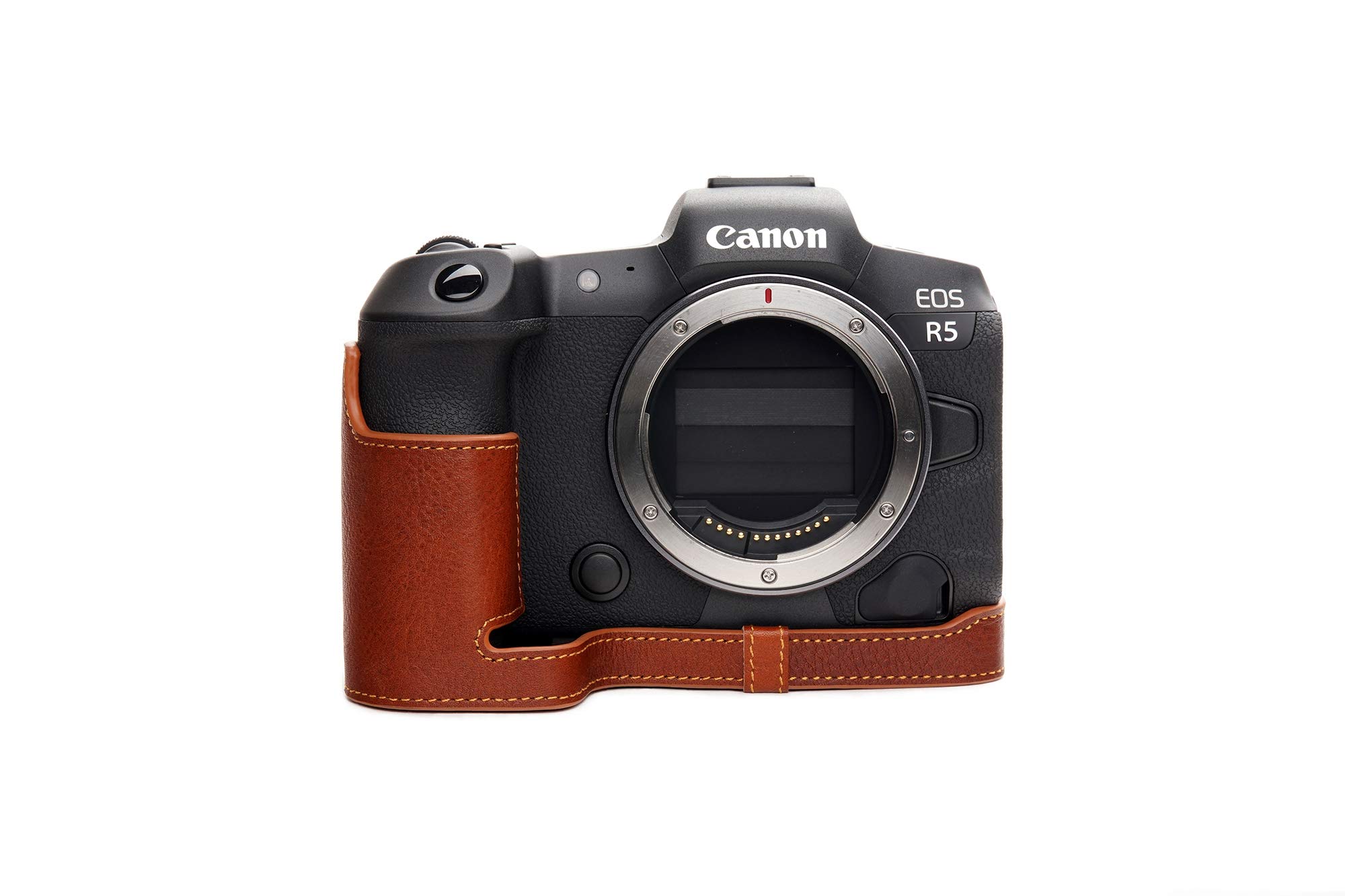 R5 R6 Case, Zakao Handmade Genuine Real Leather Half Camera Case Bag Cover for Canon Eos R5 R6 Bottom Opening Version With Hand Strap (Brown) — image 1