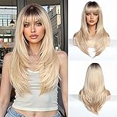 Novastel Blonde Wigs 24Inch Human Hair Long Straight with Bangs for Women Layered Lightweight Ombre Dark Roots Natural Looking Party