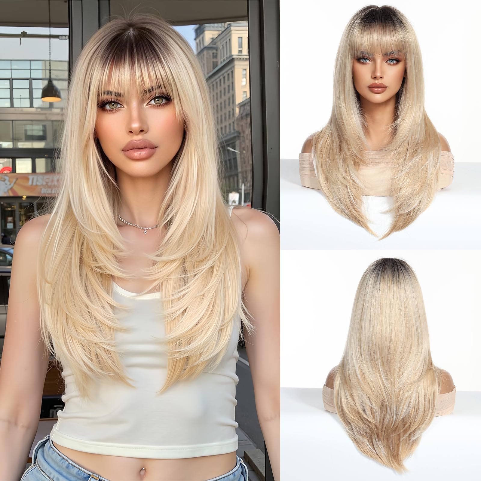 Photo 1 of Novastel Blonde Wigs 24Inch Human Hair Long Straight with Bangs for Women Layered Lightweight Ombre Dark Roots Natural Looking Party
