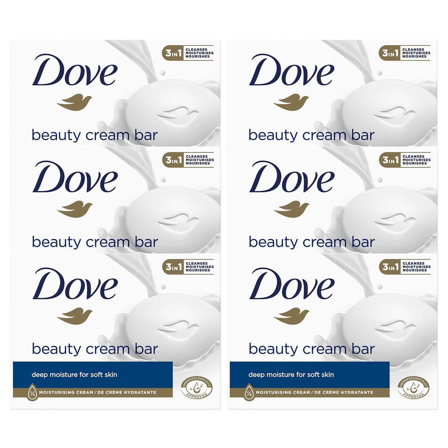 Dove Orginal Beauty Cream Bar 3 in 1 Cleanses, Moisturises and Nourishes Sulphate-Free Bath Soap for Soft and Smooth Skin, Suitable for Daily Use, 6x90g