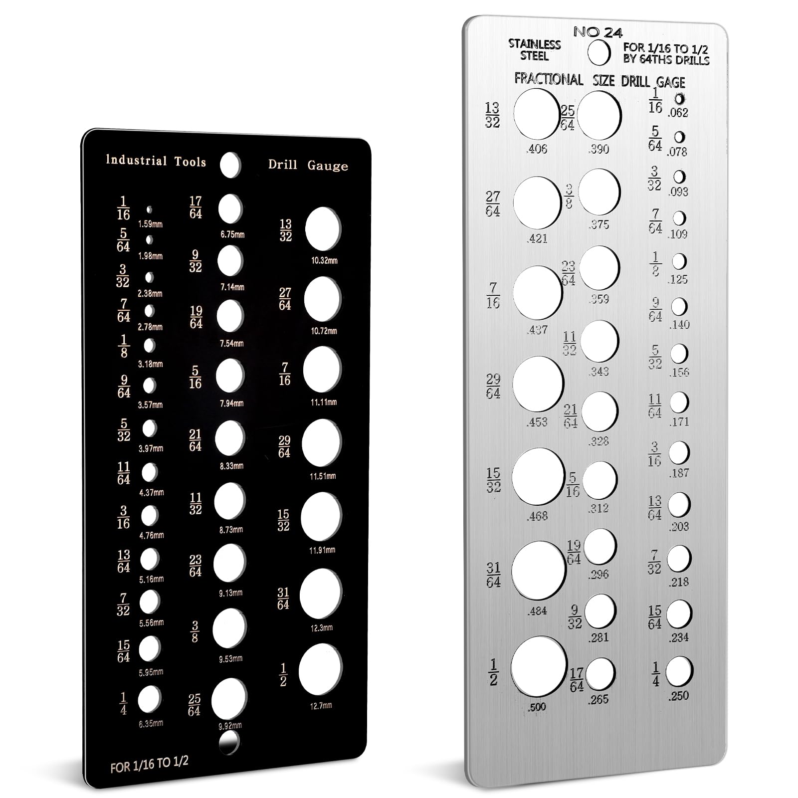 Photo 1 of 2 Pcs Drill Bit Size Gauge Drill Bit Guide Stainless Steel Gauges for 1/16 Inch to 1/2 Inch Size Bits, 29 Holes Metal Gauge Tool Bolt and Wire Diameter Index Accurate Measurement, Black and Silver