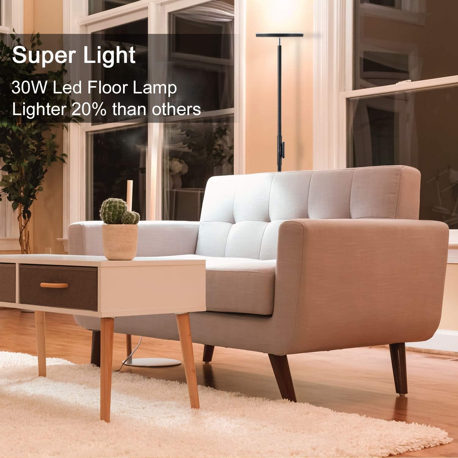 JOOFO Floor Lamp, 30W/2400LM Sky LED Modern Torchiere 3 Color Temperatures Super Bright Floor Lamps-Tall Standing Pole Light with Remote & Touch Control for Living Room, Bed Room, Office（Black） - - 