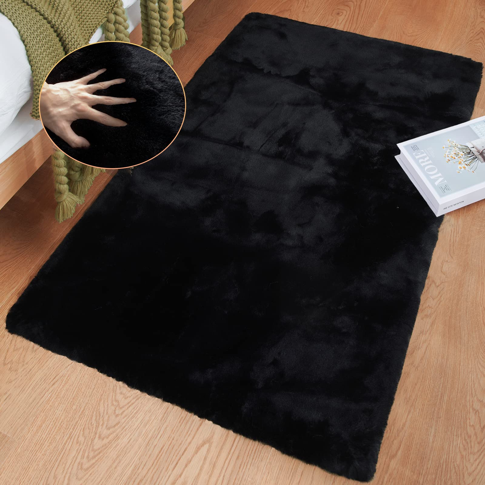 Photo 1 of ORINOVA Faux Rabbit Fur Rug Machine Washable Area Rugs Black Fur Rug for Living Room Fuzzy Rugs for Bedroom Teen Room Decor Small Sheepskin 2x3 Rectangle Rugs
