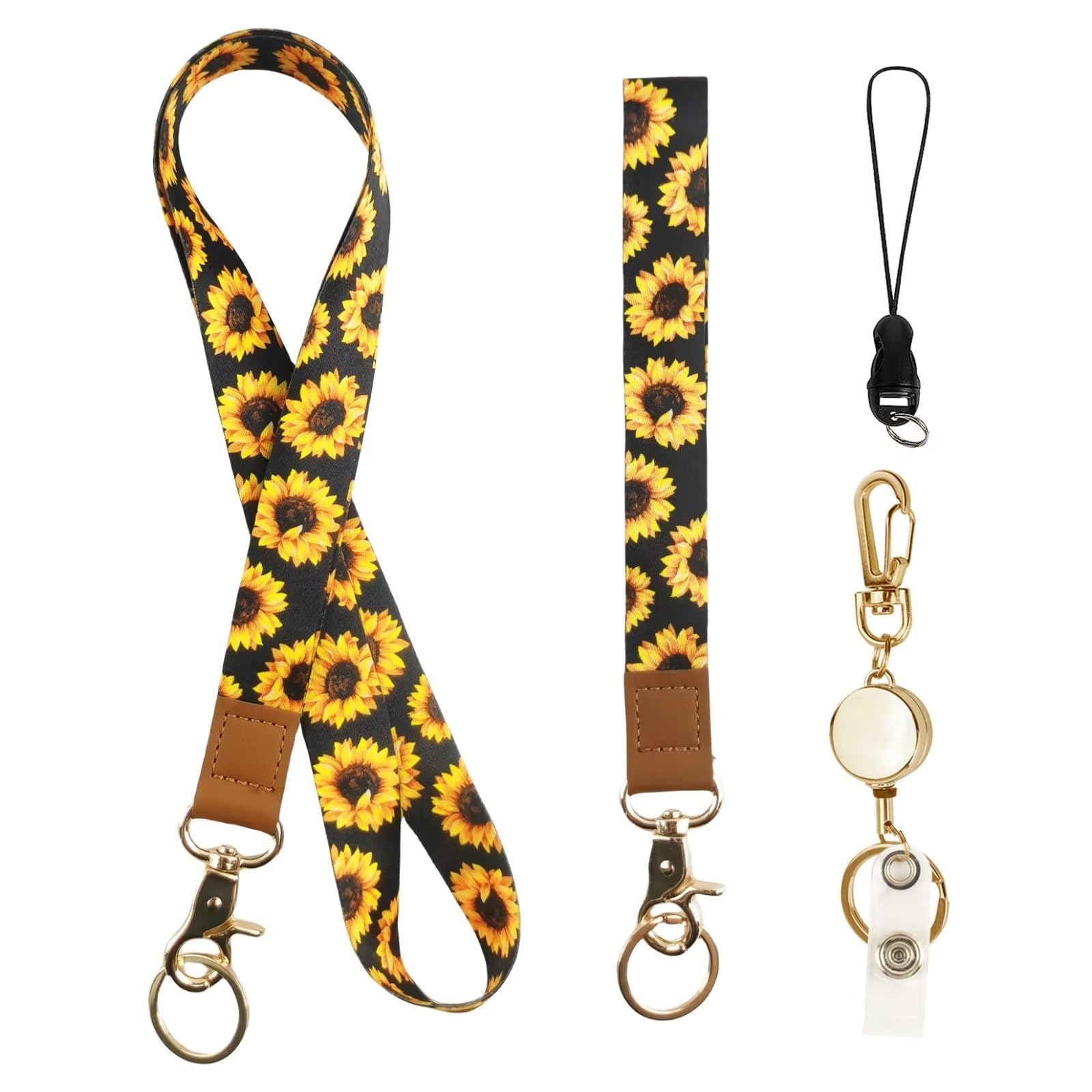 Sunflower Lanyard and Wrist Lanyards, Cute Breakaway Neck Lanyards with Retractable Reel for Id Badges Wallet, Wristlet Lanyard Strap for Key Chains, Badge Holder, Offices, Teacher, Nurse,Cruise — image 1