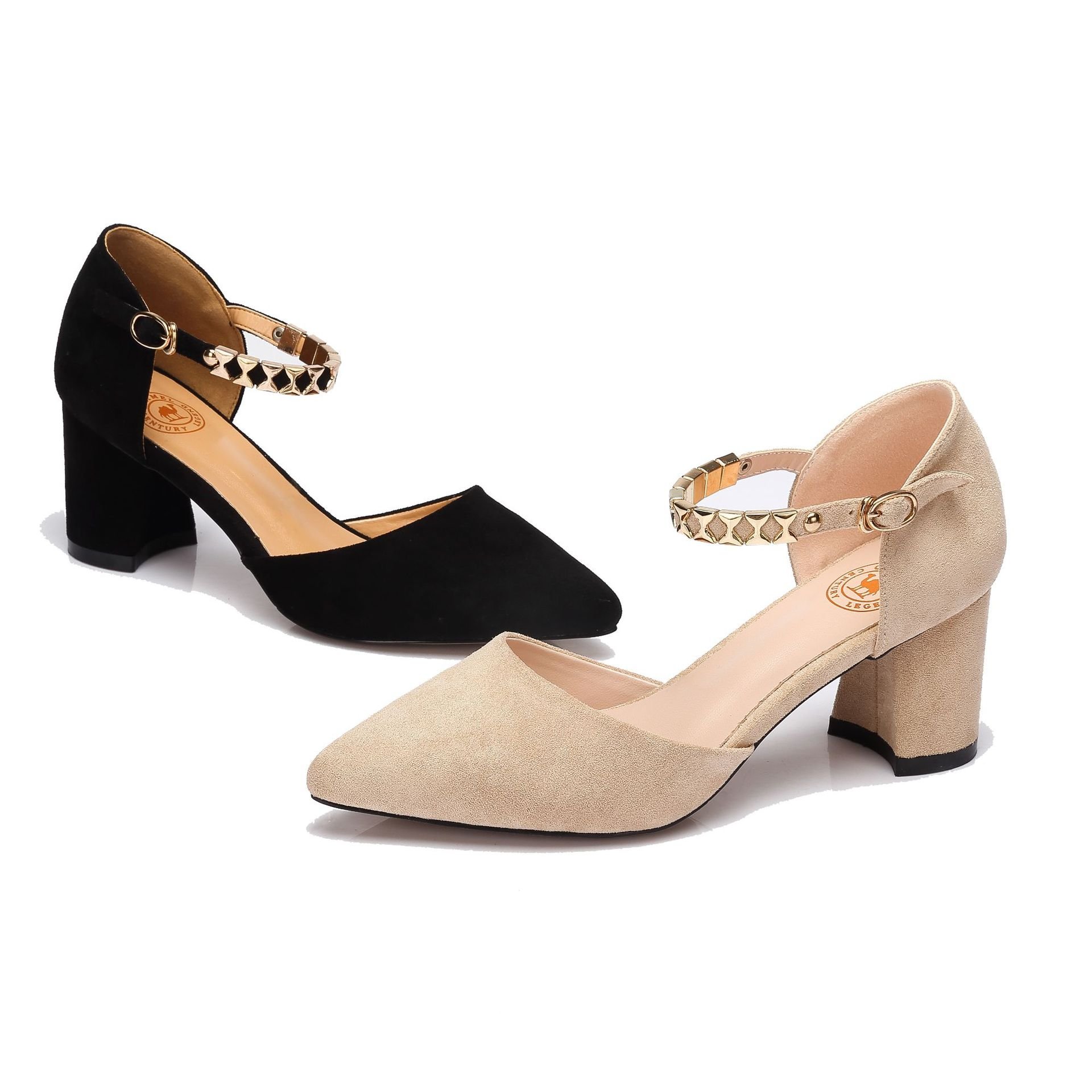 CAMEL CROWN Women\'s Elegant Pointy Toe Chunky Heel Dorsay Pumps with Ankle Straps Color 600 Black Size 8