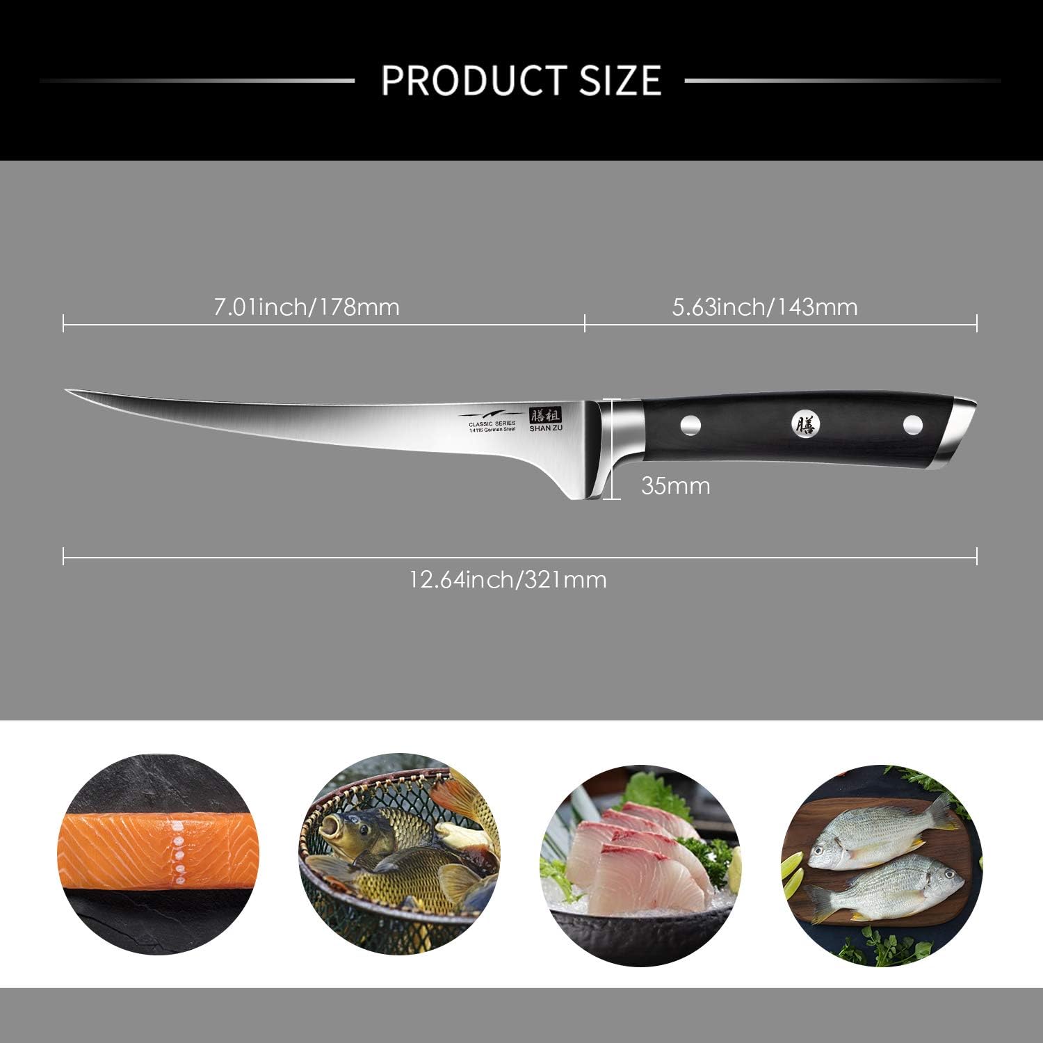 SHAN ZU Japanese Filleting Knife 7 inch- Edge Deboning Fish and Meat Kitchen Knives Professional Fish Knife Made of Super Sharp German Stainless Steel Boning Knife - Image 4