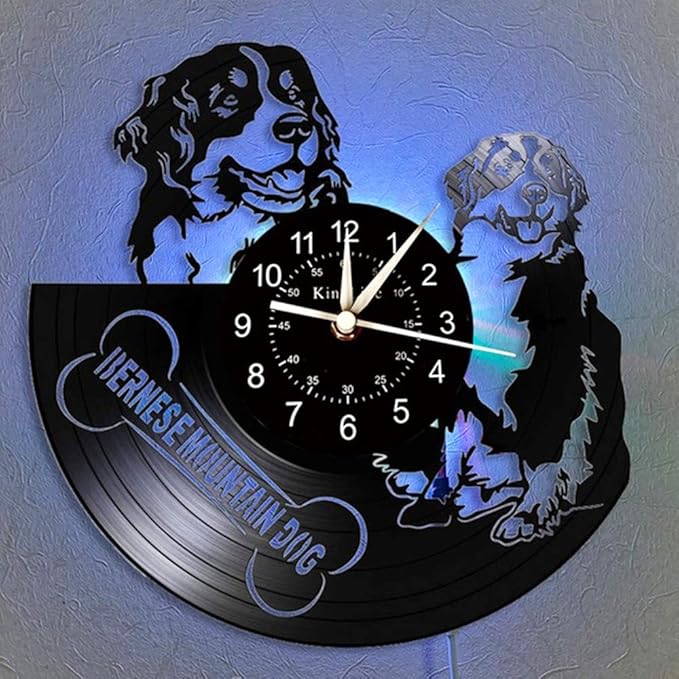 Bernese Mountain Dog Vinyl Record Wall Clock LED Lighting Clock DIY Dog