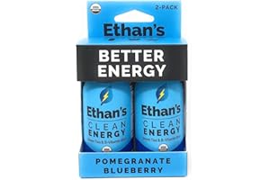 Ethan's Organic Clean Energy Shots Pomegranate Blueberry, Sugar Free Natural Pre-Workout Focus Boost, Gluten Free, Vegan, B6 & B12 Vitamin C with Green Tea Extract and Guayusa (2 Pack of 2oz Shots)