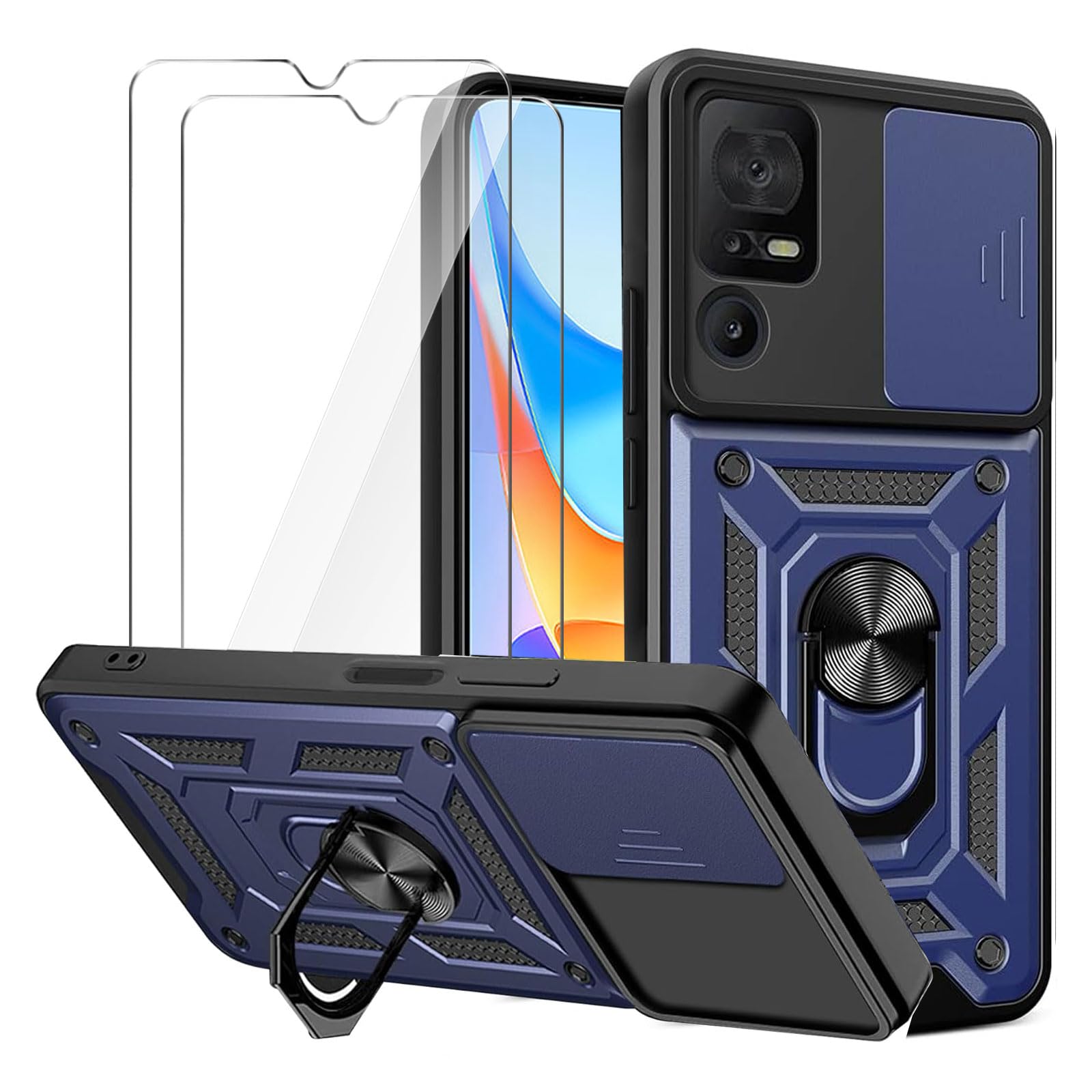 LYZXMY Case for TCL 40 SE (6.75") + 2 x Tempered Film Glass Screen Protector - Full Body Heavy Duty Shockproof Hard PC Soft TPU Bumper Protection Cover Blue