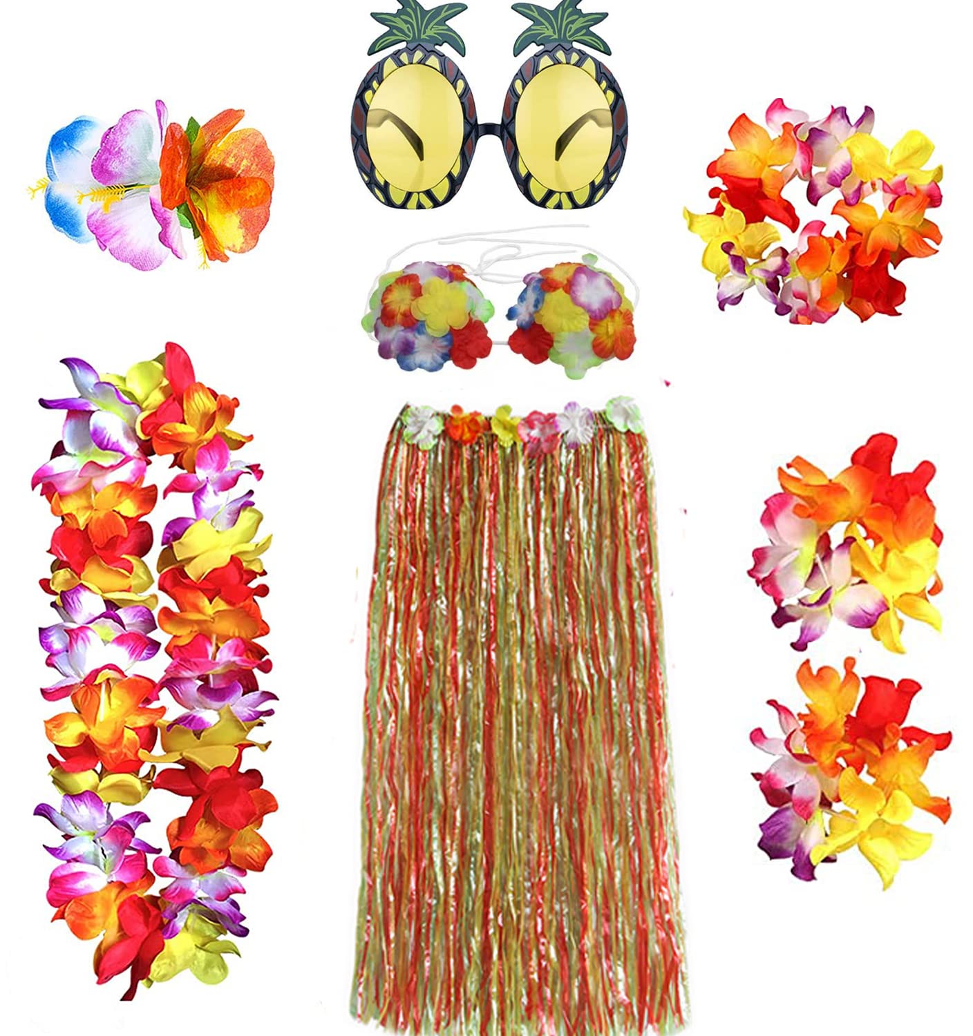 HBell 8PCS Hawaiian Hula Skirt Costume Set,Hawaii Grass Skirt,Hawaiian Lei,Flower Bikini,Pineapple Glasses for Adults Fancy Dress Supplies Summer Beach Tropical Party Decorations (Colorful) — image 1