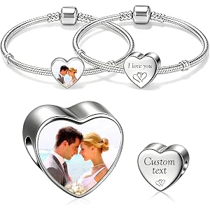 WFE Personalized Heart Bracelet with Custom Picture, Stainless Steel Engraved Photo Charm Jewelry, Meaningful Mother’s Day or
