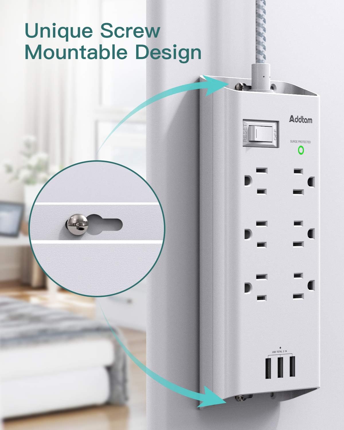 Power Strip Surge Protector, Addtam 6 Outlets and 3 USB Ports 5Ft Long Extension Cord, Flat Plug Overload Surge Protection Outlet Strip, Wall Mount for Home, Office and More, ETL Listed: Electronics